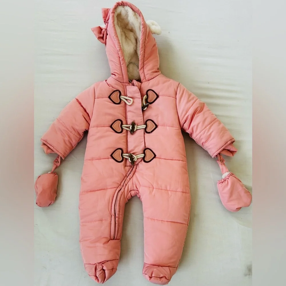 Pink Baby Winter Snowsuit with Hood and Mittens - Picture 1 of 2